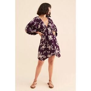 NWT Free People Purple Floral 3/4 Sleeve Portia Printed Boho Mini Dress Women  M
